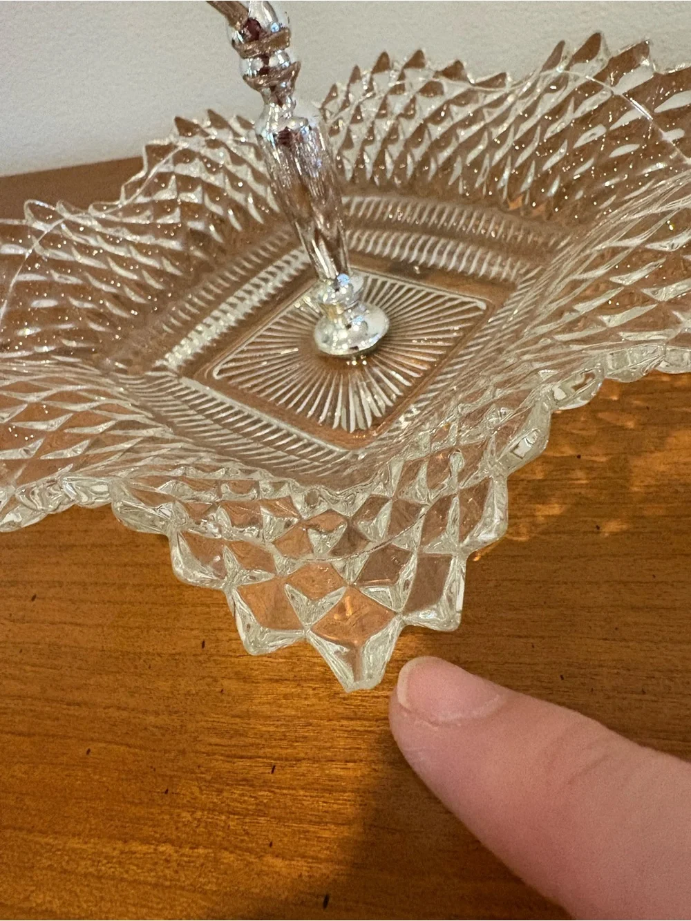 Vintage Glass Diamond Point Pressed Ruffle Edges Trinket Dish with Silver Handle